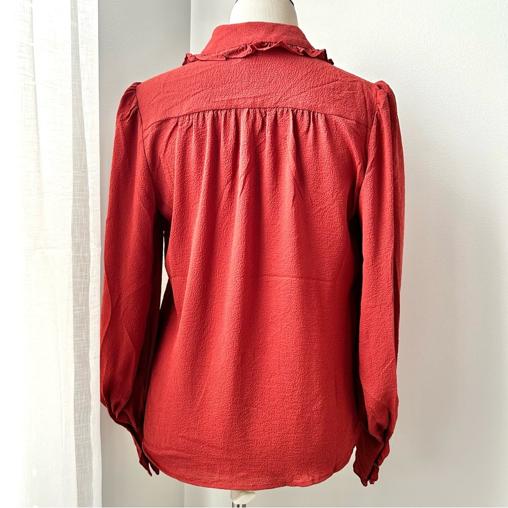 🌸NWT - Max Studio Ruffle Button Down Blouse. Rust. Size: XS - Picture 4 of 13